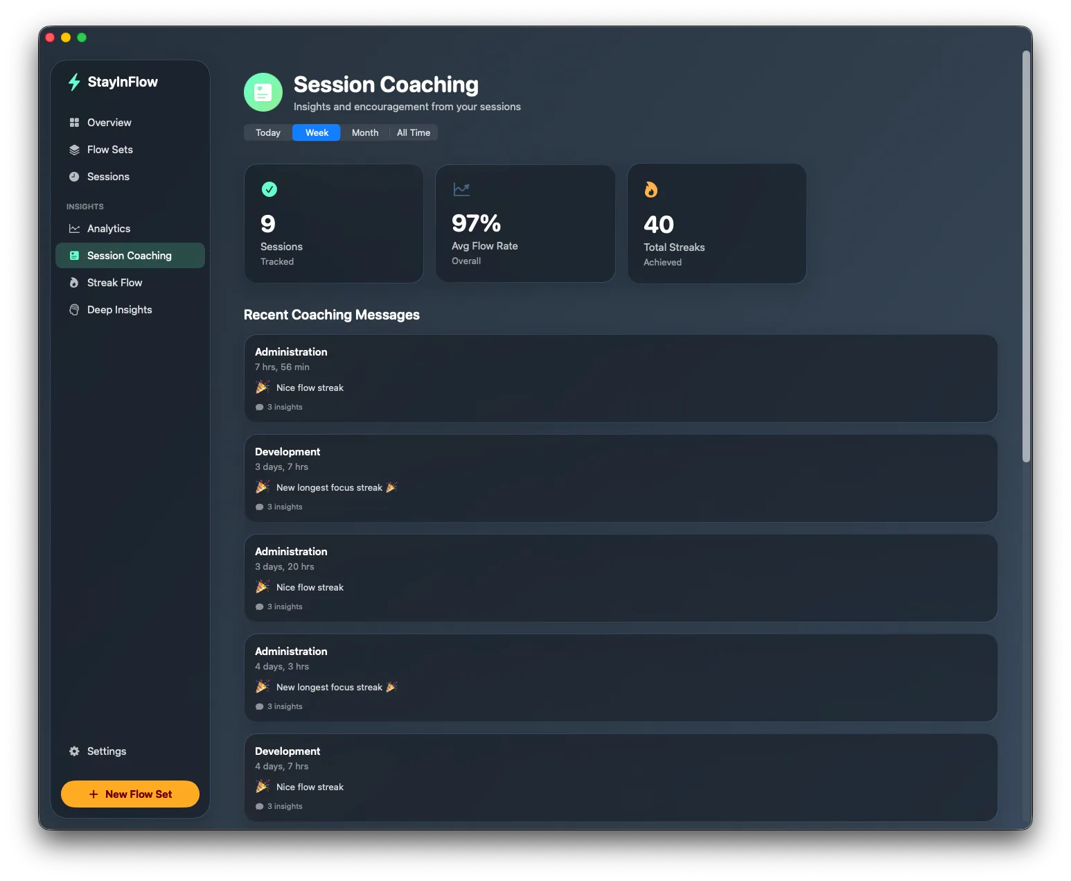 StayInFlow Session Coaching view with sessions tracked, average flow rate, total streaks, and recent coaching messages