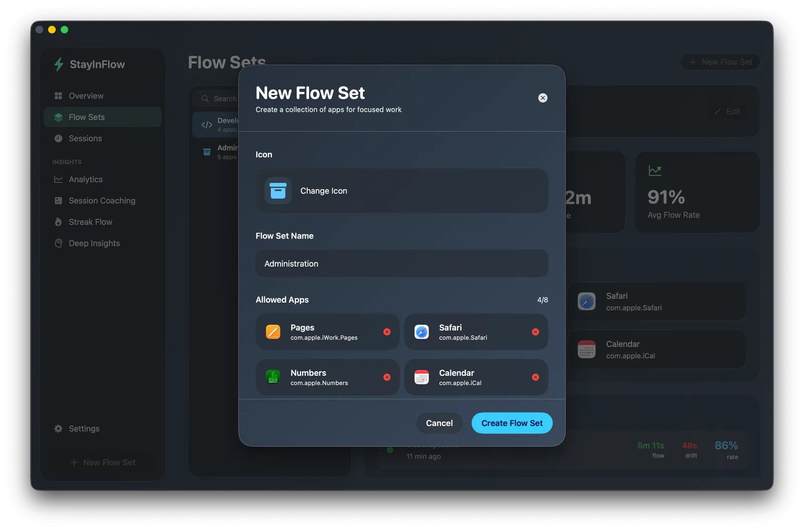 Creating a Flow Set in StayInFlow: naming it Administration and picking allowed apps like Pages, Safari, Numbers, and Calendar
