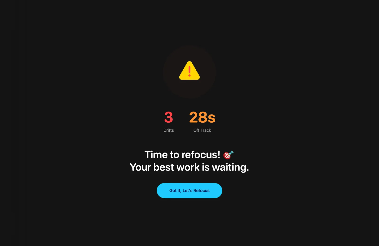 StayInFlow full-screen focus alert showing 3 drifts and 28 seconds off track with the message: Time to refocus! Your best work is waiting.